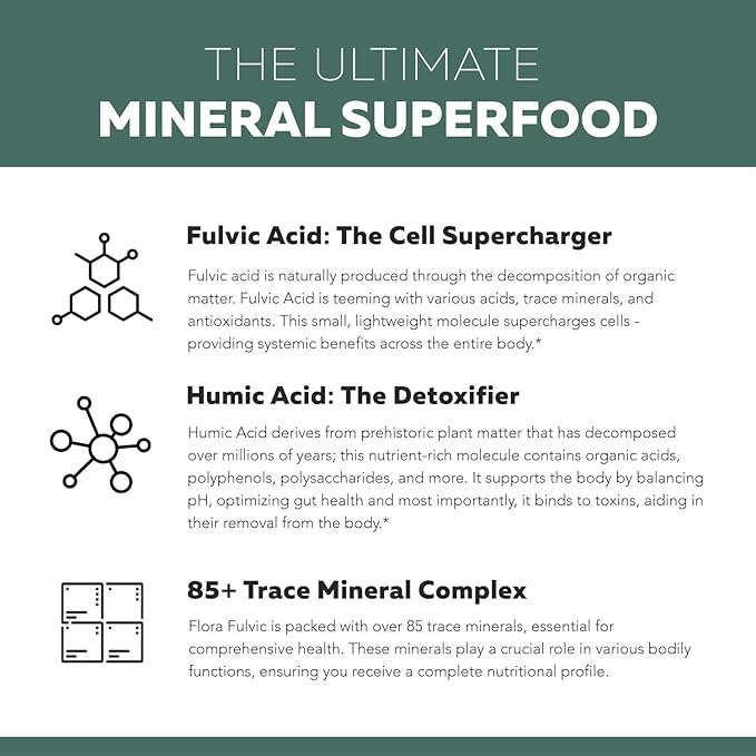 Flora Fulvic | Fulvic Acid + Humic Acid Complex – 550 mg | Mined in Utah, Prehistoric Deep Earth Extract | Immunity, Gut, Digestion – Natural Trace Mineral Complex, Fulvic Acid Supplement – 8 fl oz.