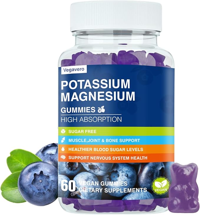 Potassium Magnesium Gummies - Magnesium Glycinate B6,D3 & Potassium Citrate for Leg Cramps,Muscle,Electroyte for Adults Kids,Sugar-Free - 60 Blueberry Gummies
