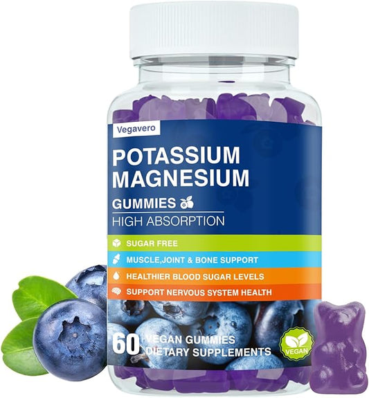 Potassium Magnesium Gummies - Magnesium Glycinate B6,D3 & Potassium Citrate for Leg Cramps,Muscle,Electroyte for Adults Kids,Sugar-Free - 60 Blueberry Gummies