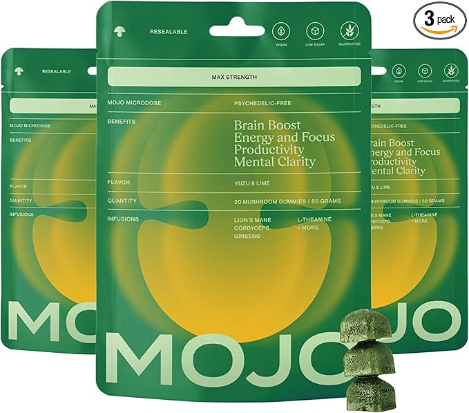 Mojo Extra Strength Focus Gummies with Lion’s Mane, Cordyceps, Ginseng & L-Theanine - Mushroom Gummies Brain Supplement for Adults, Memory/Energy Support, Focus Fuel, Yuzu Lime (3 Pack)