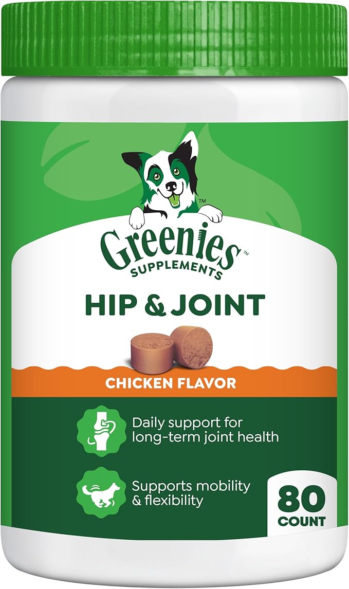 Greenies Supplements Hip and Joint Supplements for Dogs, with Chondroitin & Glucosamine for Dogs, Chicken Flavor, 16.2 oz. Container, 80 Count