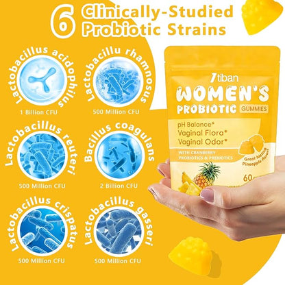 Vaginal Probiotics Gummies for Women, Premium Feminine pH Balance Gummies, Healthy Odor, Yeast Balance & Flora + Vitamin C for Immune Support, 60ct Pineapple Flavor