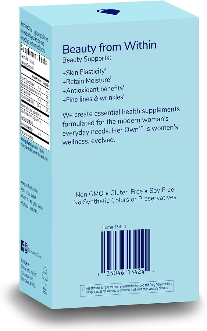 Her Own Beauty Hyaluronic Acid Capsules, Essential Collagen, Zinc, Magnesium, Vitamin C, Support Beautiful Skin, 60 Servings