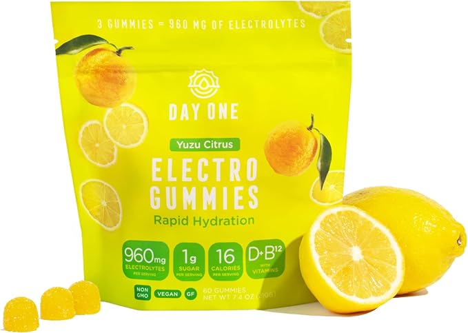 Day One Electrogummies - 60pcs. of Yuzu Citrus Flavored Electrolyte Gummies for Hydration and Recovery - Packed with Essential Electrolytes Ideal for Workouts, Running, Hiking and More
