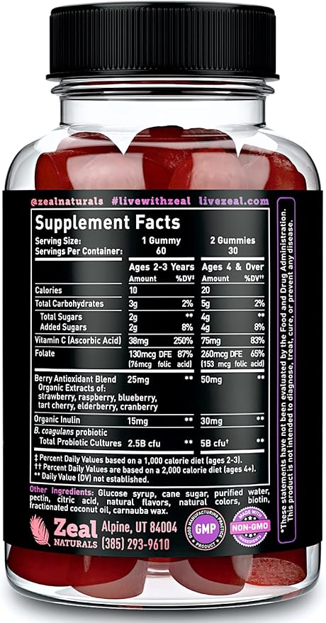 Probiotic Gummies for Adults and Kids (60 Count | 5 Billion CFU) w/Organic Berry Antioxidants & Vitamin C for Immune Support and Digestion gummy- Prebiotics and Probiotics for women Gummies