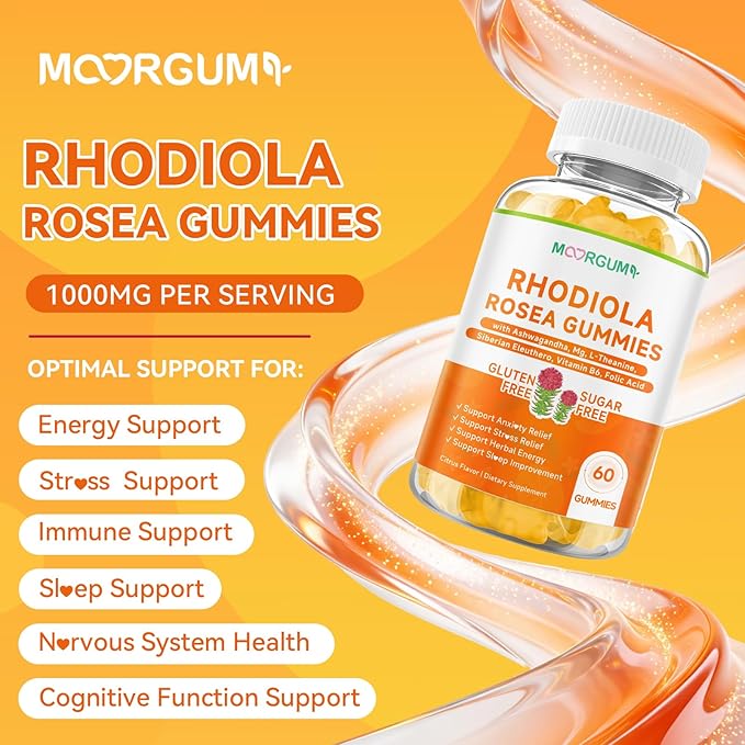 Rhodiola Rosea Gummies for Adults & Kids-Adaptogenic Herb-Daily Wellness, Emotions, Slumber Support, with Ashwagandha, Magnesium Glycinate, Siberian Eleuthero Supplements for Women & Men, 60 Count