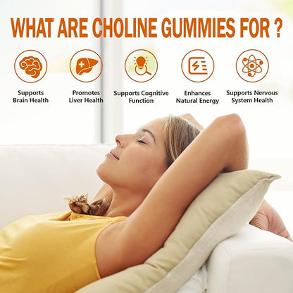 Choline Supplement Gummies Sugar Free, 500mg Choline Bitartrate Per Serving, Brain Health, Liver Support, Focus & Energy, 60 Gummies