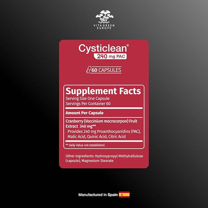 Cysticlean Cranberry PAC Supplement – 240 mg PAC, Sugar-Free – Urinary Tract Infection Support – Most Effective Cranberry Pills for Cystitis & Interstitial Cystitis Relief