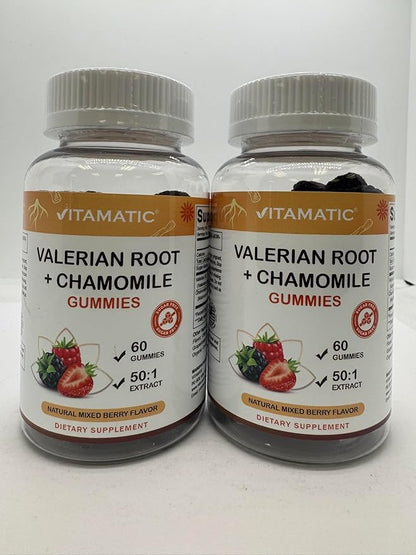 Vitamatic Valerian Root & Chamomile Gummies – Plant-Based Botanical Extract – Mixed Berry Flavor – Vegan, Non-GMO, Gluten-Free – Herbal Supplement – 60 Count (120 Count)