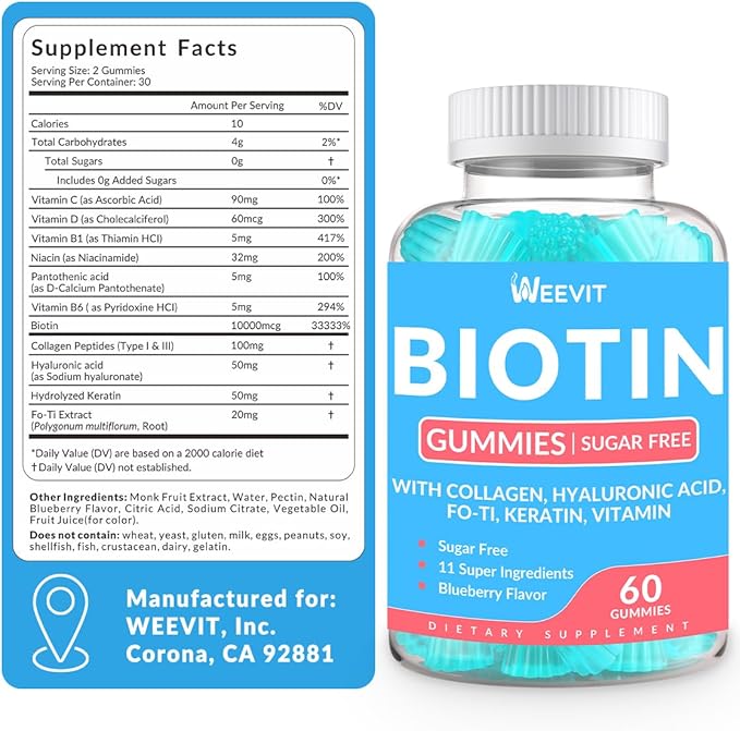 WEEVIT Sugar-Free Biotin Gummies, Biotin and Collagen Gummies with Keratin, Hyaluronic Acid for Women & Men | Hair Growth, Glowing Skin & Strong Nails | Vitamin B7 Supplement, Non-GMO, Chewable