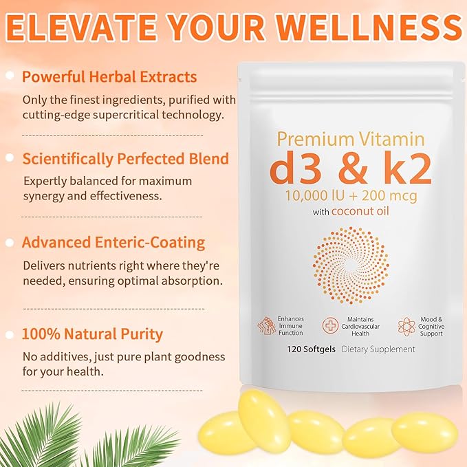 D3 K2 Vitamin 10000 IU - 240 Virgin Coconut Oil Softgels, 2 in 1 Vitamin D & K Complex Supplement Softgel - Immune Support and Calcium Absorption, Bone and Heart Health (240 Count (Pack of 2))