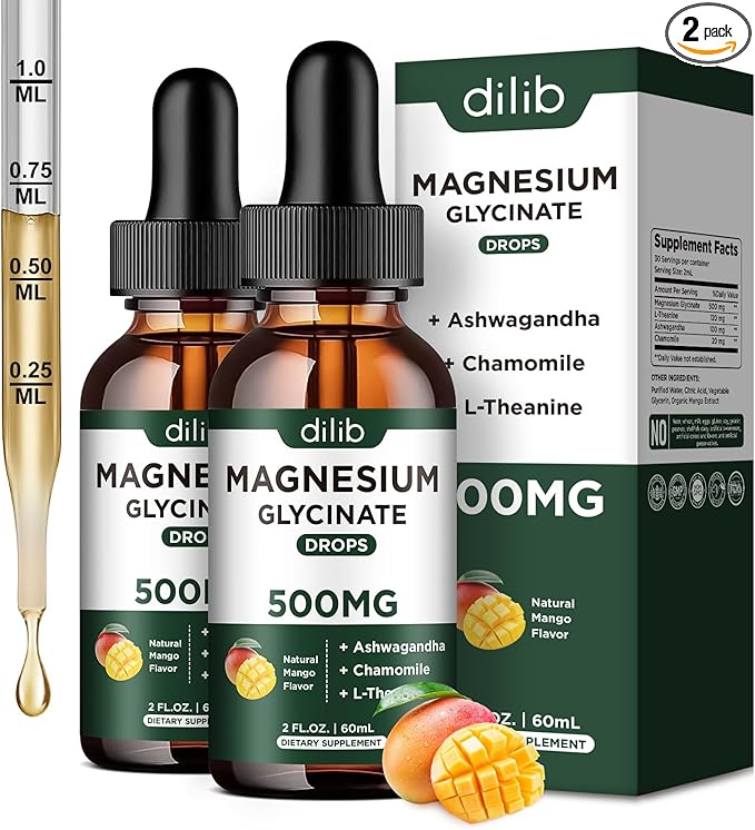 Magnesium Glycinate Liquid Drops Supplement, with Magnesium Glycinate 500mg Ashwagandha, L - Theanine, Chamomile -Support Stress Relief, Bone, Muscle, Mood Mango Flavor 2Pack