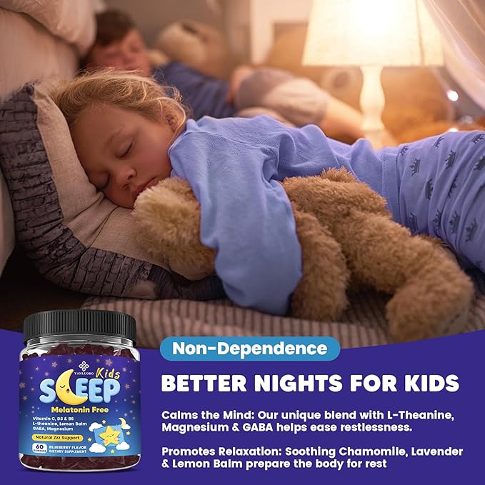 Kids Sleep Gummies Melatonin Free - with Magnesium Glycinate, Lemon Balm, L-Theanine & GABA - Calming Relaxation, Support Natural Sleep, Quiet Mind - Berry Flavor, Non-Habit Forming