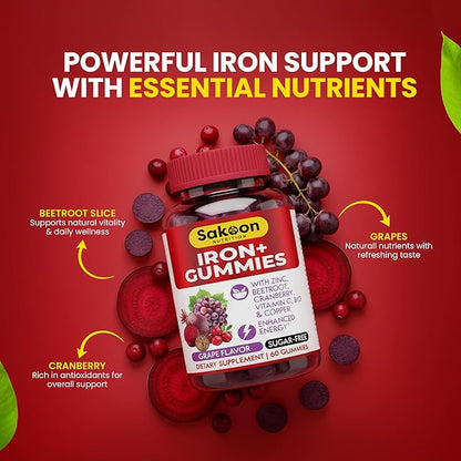 Sakoon Nutrition Iron Gummies for Women & Men | 60 Count Sugar Free Grape Flavour Vegan Iron Gummies with Vitamin C, B12 & Zinc | Support for Bones Strength, Energy & Blood Health | 2Count Per Serving