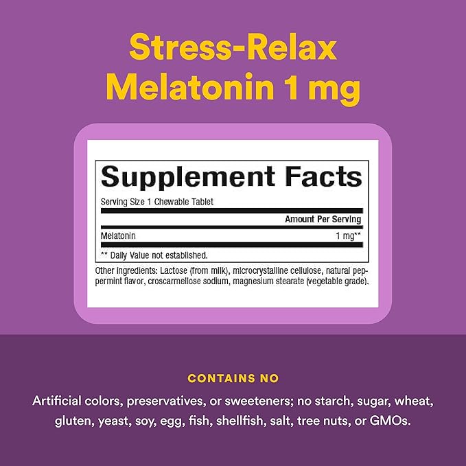 Stress-Relax Melatonin 1 mg by Natural Factors, Natural Sleep Aid, Resets the Sleep-Wake Cycle, 180 chewable tablets (180 servings), Peppermint Flavor