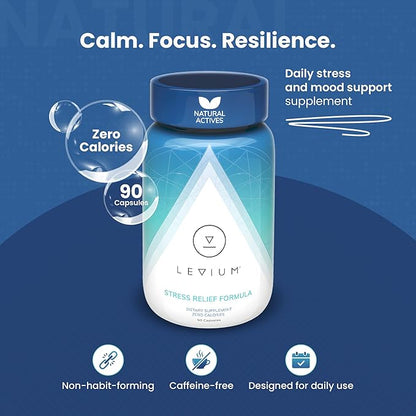 Levium Stress Supplement for Calm & Mood Support | Ashwagandha KSM-66, Magnesium, L-Theanine & GABA | Supports Mental Focus & Relaxation | Non-Habit Forming | 90 Capsules