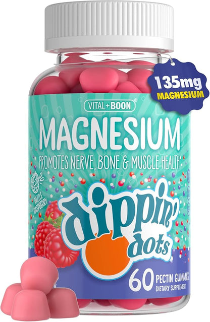 Dippin' Dots Magnesium Gummies for Women, Men & Kids – Razzle Raspberry – Magnesium Citrate Gummies with No Artificial Colors or Flavors – Vegan Friendly Calm Nerve Bone & Muscle Supplement (60 Count)