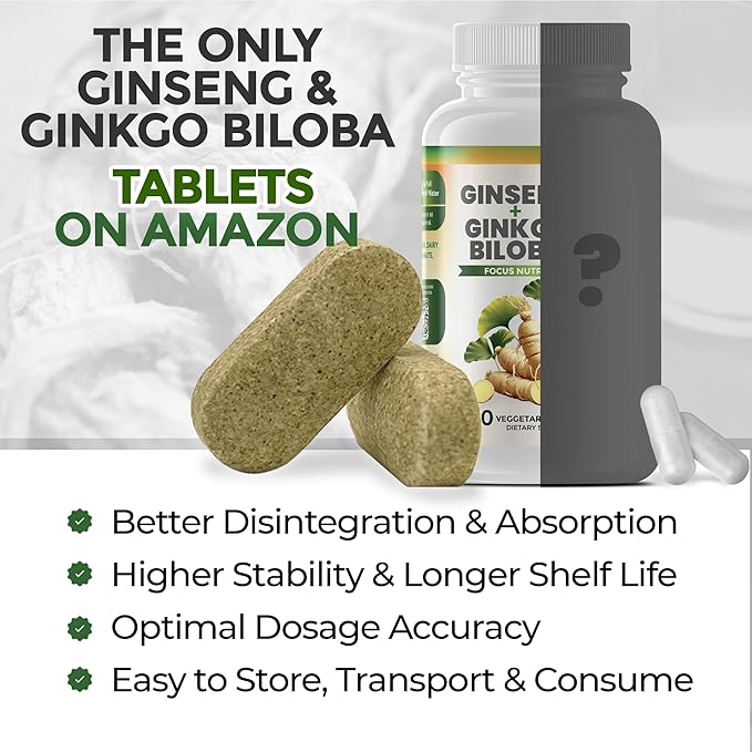 GreeNatr Ginko Biloba & Panax Ginseng Supplement - Red Ginseng Brain Supplement for Memory and Focus - Ginkgo Biloba Supplements for Good Vision, Immune System and Improved Blood Flow - 12 Bottles