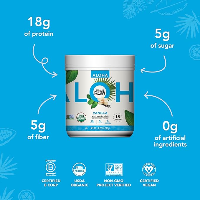 ALOHA Organic Plant Based Protein Powder, Stevia Free, Vanilla, 19.6 oz, 15 Servings PACKAGING MAY VARY