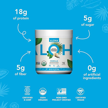 ALOHA Organic Plant Based Protein Powder, Stevia Free, Vanilla, 19.6 oz, 15 Servings PACKAGING MAY VARY