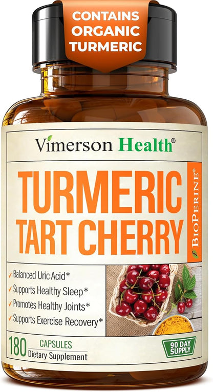 Turmeric Curcumin Supplement with 10:1 Tart Cherry Extract & Celery Seed Extract – Natural Uric Acid Balance, Joint Health & Sleep Aid – Turmeric Curcumin with Black Pepper – 180 Tart Cherry Capsules