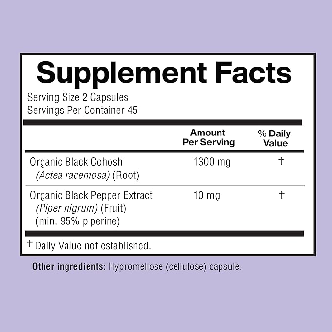 Black Cohosh Made with Organic Black Cohosh Root 1300MG per Serving, Balance Hormones, Natural Menopause & Menstrual Support, Women Health Support, 90 Vegan Capsules, 45 Servings