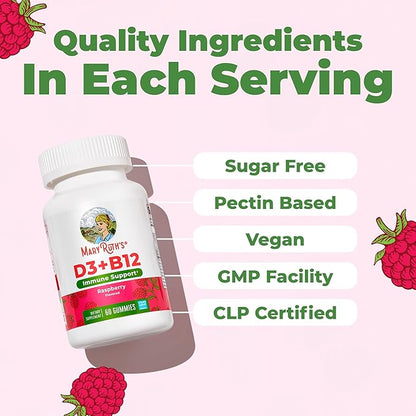 MARYRUTH'S Vitamin D3 + B12 Gummies for Ages 4+ | Sugar Free | Bone Health | Immune Support | Energy Metabolism | Cognitive Function | Vegan | Non-GMO | Gluten Free | 60 Servings | 2 Month Supply