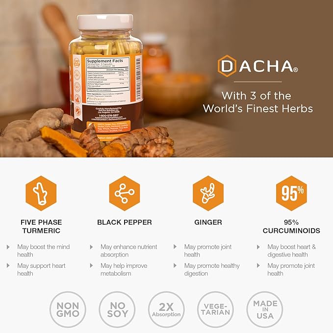 DACHA Tumeric Curcumin Supplement - 1500mg Joint Support Supplements Turmeric with Black Pepper Ginger 95% Curcuminoids Capsules