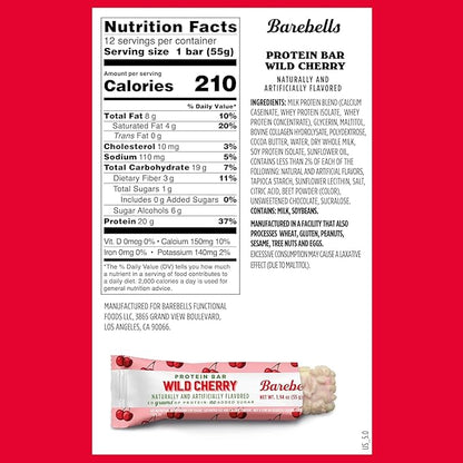 Barebells Protein Bars Wild Cherry - 12 Count, Pack of 2 - 1.9oz Bars - Protein Snacks with 20g of High Protein - White Chocolate Protein Bar with 1g of Total Sugars - On The Go Protein Snack & Breakfast Bars