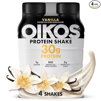 Oikos Protein Shake, Vanilla, 30g High Protein Drinks, Shelf Stable, Ready to Drink, 5g Prebiotic Fiber, 12 fl oz Bottle, 4 Count