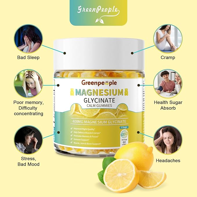 GREENPEOPLE Magnesium Glycinate Gummies 400mg - Sugar Free Magnesium Supplement with Magnesio Citrate, Vitamin D, and B6 for Calm Support & Sleep for Adults - High Absorption - Lemon Gummies
