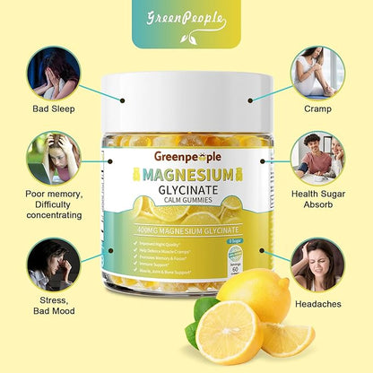 GREENPEOPLE Magnesium Glycinate Gummies 400mg - Sugar Free Magnesium Supplement with Magnesio Citrate, Vitamin D, and B6 for Calm Support & Sleep for Adults - High Absorption - Lemon Gummies