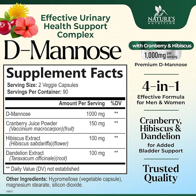 D-Mannose 1000mg Per Serving - Cranberry & Hibiscus - Effective Fast-Acting, Flush The Impurities for Bladder, Urinary Tract Health Support Supplement, for Women and Men, USA Bottled - 180 Capsules