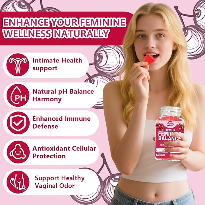 Feminine Probiotics Gummies, Vaginal Health & Women's pH Balance Gummy Supplement with Cranberry Pineapple Powder, Sugar Free Vegan, 60 Count (Cranberry)