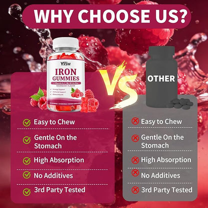 Iron Gummies for Women & Men, Vegan Iron Supplement Gummies with Vitamin C, A, B-Complex, Folate, Zinc- for Immune Health & Energy Support, Raspberry Flavor, 60 Count