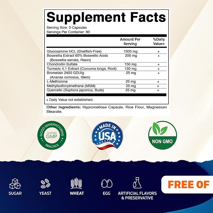 Vitamatic Glucosamine Chondroitin MSM 180 Veggie Capsules – Joint Support Supplement for Women & Men – Shellfish Free, Non-GMO