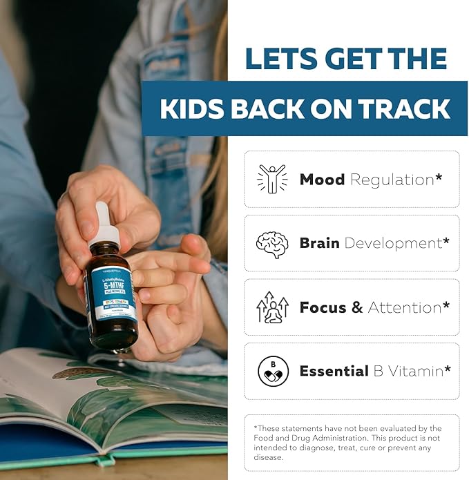 Organic Kids Methylfolate + Methyl B12 Cofactor - Flavorless, Sublingual Form - 5-MTHF Form, Superior Form of Folate - Adjustable Dosing for All Ages - Mood, Behavior, Cognition - 1 oz.