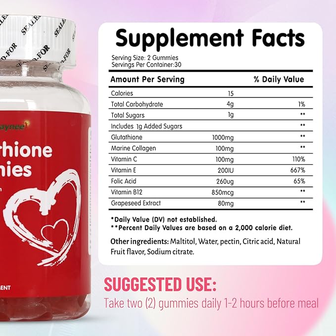 Glutathione Gummies 1000mg, Rich in Marine Collagen & Vitamins, Skin Whitening & Brightening, 60 Count