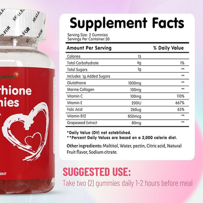 Glutathione Gummies 1000mg, Rich in Marine Collagen & Vitamins, Skin Whitening & Brightening, 60 Count