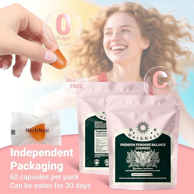 Feminine Balance Gummies - 0 Sugar Vaginal Probiotics for Women - Supports pH Balance & Odor Control - 60 Gummies (30 Days)