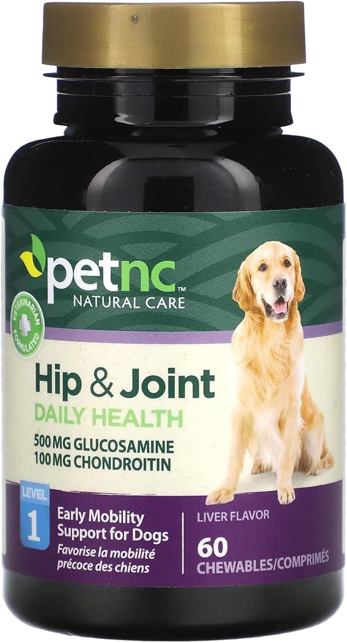 Petnc Level-1 Hip & Joint Health Supplement for Young Dogs (60 Count), 500mg Glucosamine, 100mg Chondroitin, 10mg MSM, & 1mg Hyaluronic Acid, Includes Vitamin C & Manganese, Liver Flavor