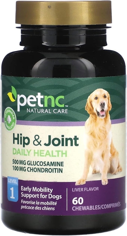 Petnc Level-1 Hip & Joint Health Supplement for Young Dogs (60 Count), 500mg Glucosamine, 100mg Chondroitin, 10mg MSM, & 1mg Hyaluronic Acid, Includes Vitamin C & Manganese, Liver Flavor