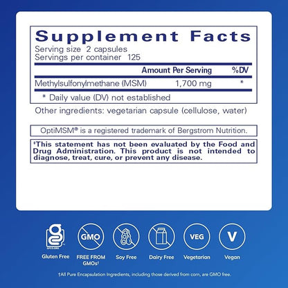 Pure Encapsulations MSM Capsules | Sulfur Supplement to Support Joints, Immune System, Connective Tissue, and Respiratory Health* | 250 Capsules