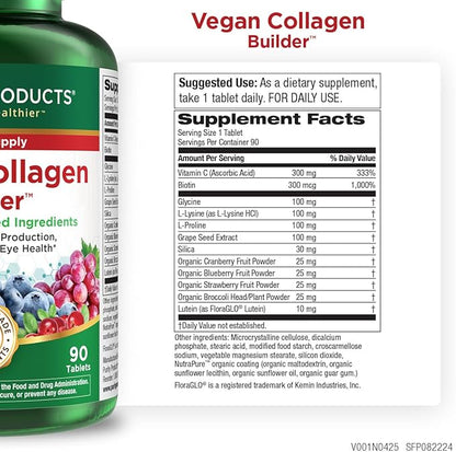 Purity Products Vegan Collagen Builder - Organic Whole Foods Fruits + Veg, Silica, Lutein, Vitamin C, Biotin, Grape Seed - Amino Acids Glycine, Lysine + Proline Collagen Boosters - 90 Tablets
