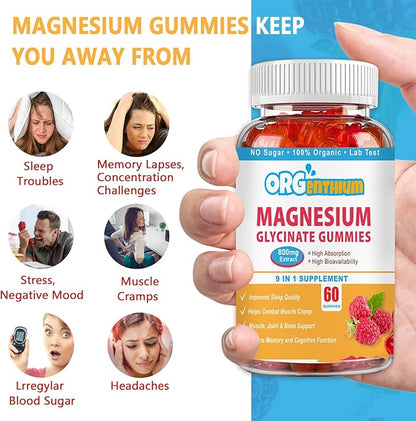 Magnesium Glycinate Gummies 500mg with L-Threonate, Vitamin D, B6, Potassium & CoQ10 | Sugar-Free Complex Formula for Enhanced Sleep Quality | Raspberry Flavor | 120 Count