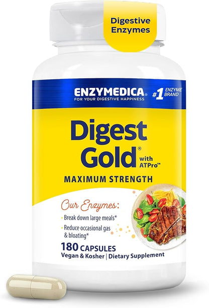 Enzymedica Digest Gold + ATPro, Maximum Strength Enzyme Formula, Fast-Acting, Helps Digest Large Meals, Prevents Bloating and Gas, 180 Capsules