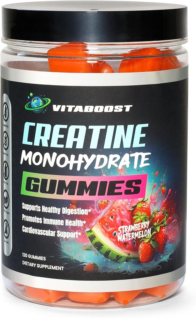 VitaBoost Creatine Gummies 5g- Natural Creatine Monohydrate for Men & Women- Delicious Strawberry Watermelon Flavor- Boost Strength, Energy & Muscle Growth- Vegan Pre Workout Gummies- Made in USA