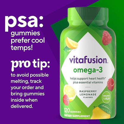 Vitafusion Omega-3 Gummy Vitamins, Berry Lemonade Flavored, Heart Health Vitamins(1) With Omega 3 EPA/DHA and Vitamins A, C, D and E, America’s Number 1 Vitamin Brand, 60 Day Supply, 120 Count