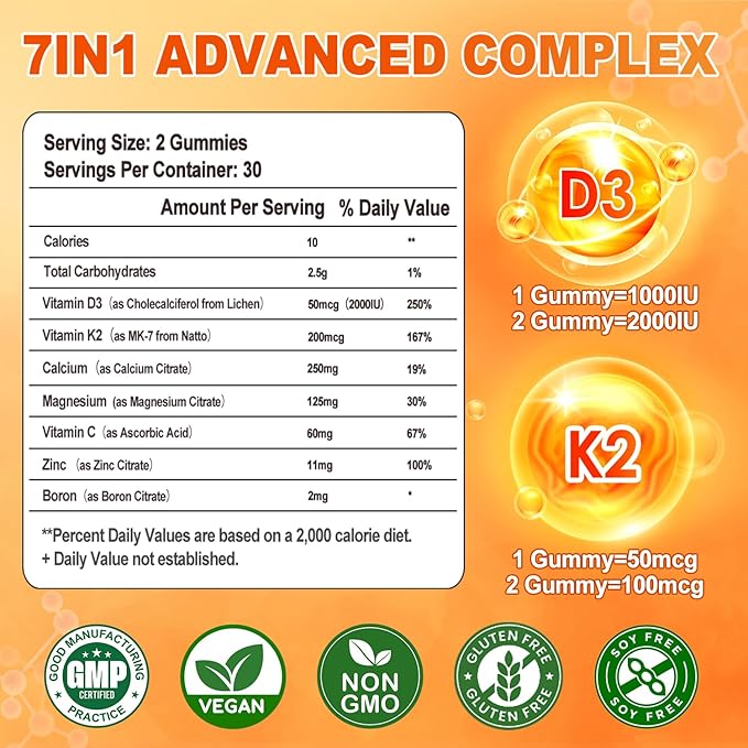 Vitamin D3 + K2 Gummies 2000 IU with Calcium + K2 (MK-7), Magnesium Citrate, Vitamin C, Zinc & Boron – Bone, Heart & Immune Support – Vegan, Non-GMO, Gelatin-Free, Sugar-Free Supplement, 60 Gummies
