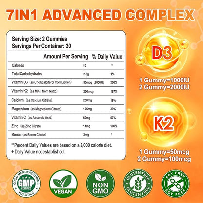 Vitamin D3 + K2 Gummies 2000 IU with Calcium + K2 (MK-7), Magnesium Citrate, Vitamin C, Zinc & Boron – Bone, Heart & Immune Support – Vegan, Non-GMO, Gelatin-Free, Sugar-Free Supplement, 120 Gummies